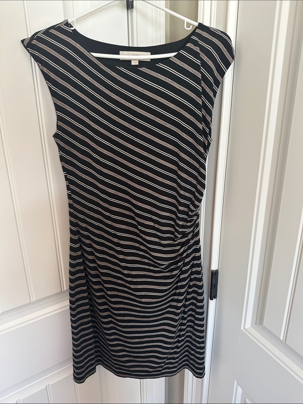 LOFT Black and Cream Striped Midi Dress